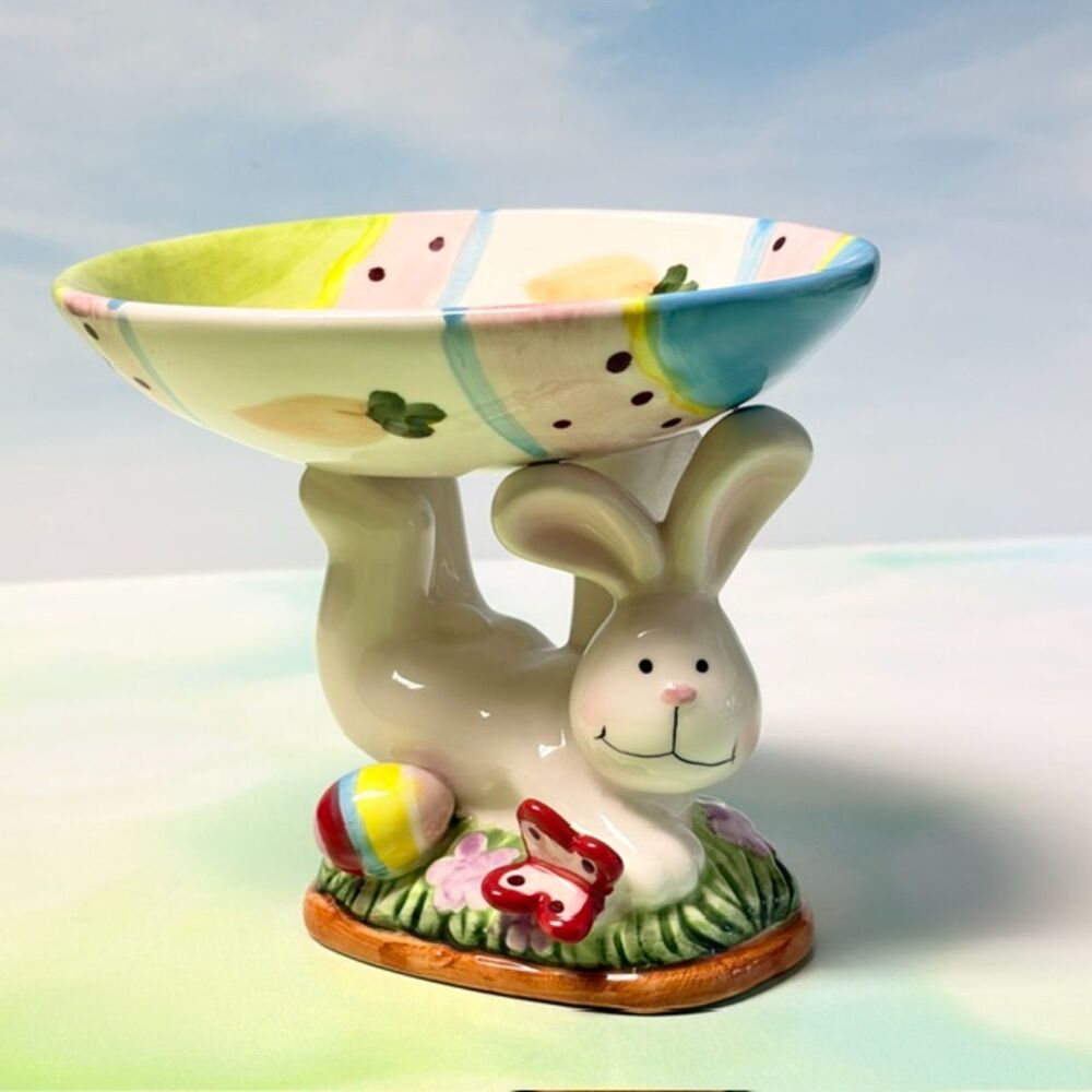 Studio 33 Easter Bunny Pedestal Candy Dish Bowl Ceramic Rabbit Spring Decor